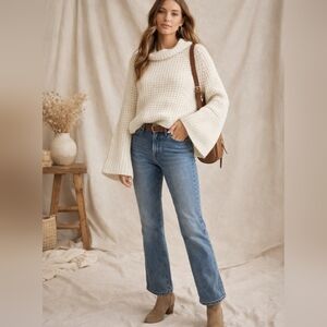 Maeve Anthropologie Ivory Waffle Knit Bell Sleeve Sweater Cozy Boho Cottagecore